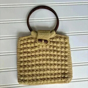 Vintage Crochet Handbag With Circle Handles Beige Tan Custom made Jody Alexander